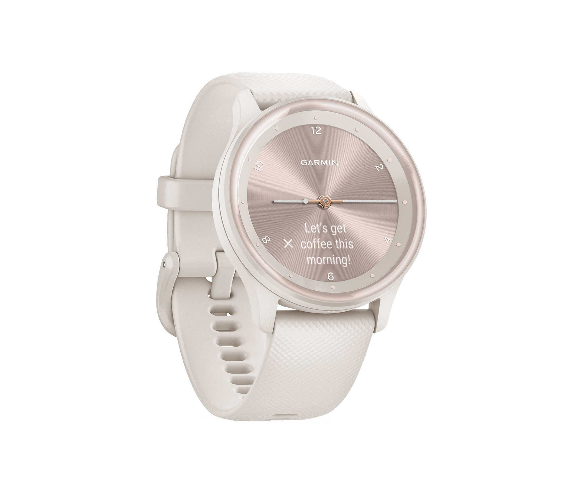 Nahaufnahme einer elfenbeinfarbenen Smartwatch der Marke Garmin mit perlgoldfarbenem Zifferblatt und weißem Armband.