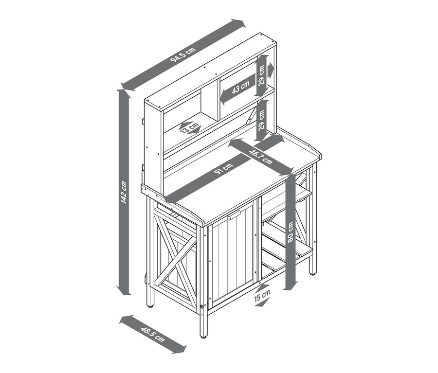Schema des Pflanztischs »Jonte« mit Abfallbehälter und Regal, mit hervorgehobenen Abmessungen.