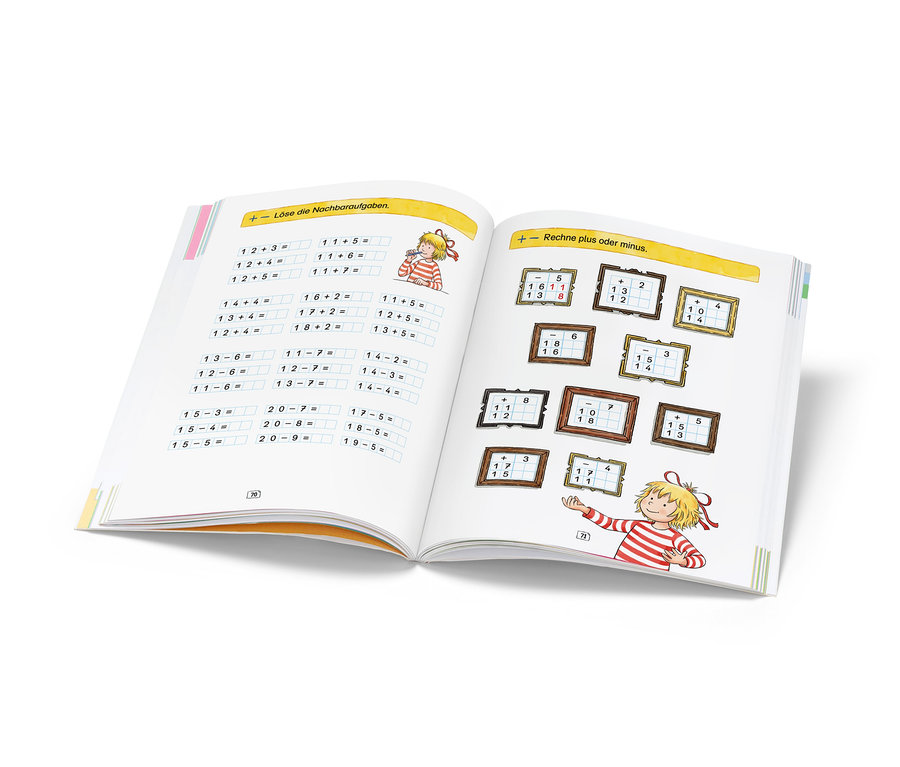 Aufgeschlagenes Buch »Mein großes Conni-Vorschulbuch« mit Rechenaufgaben.