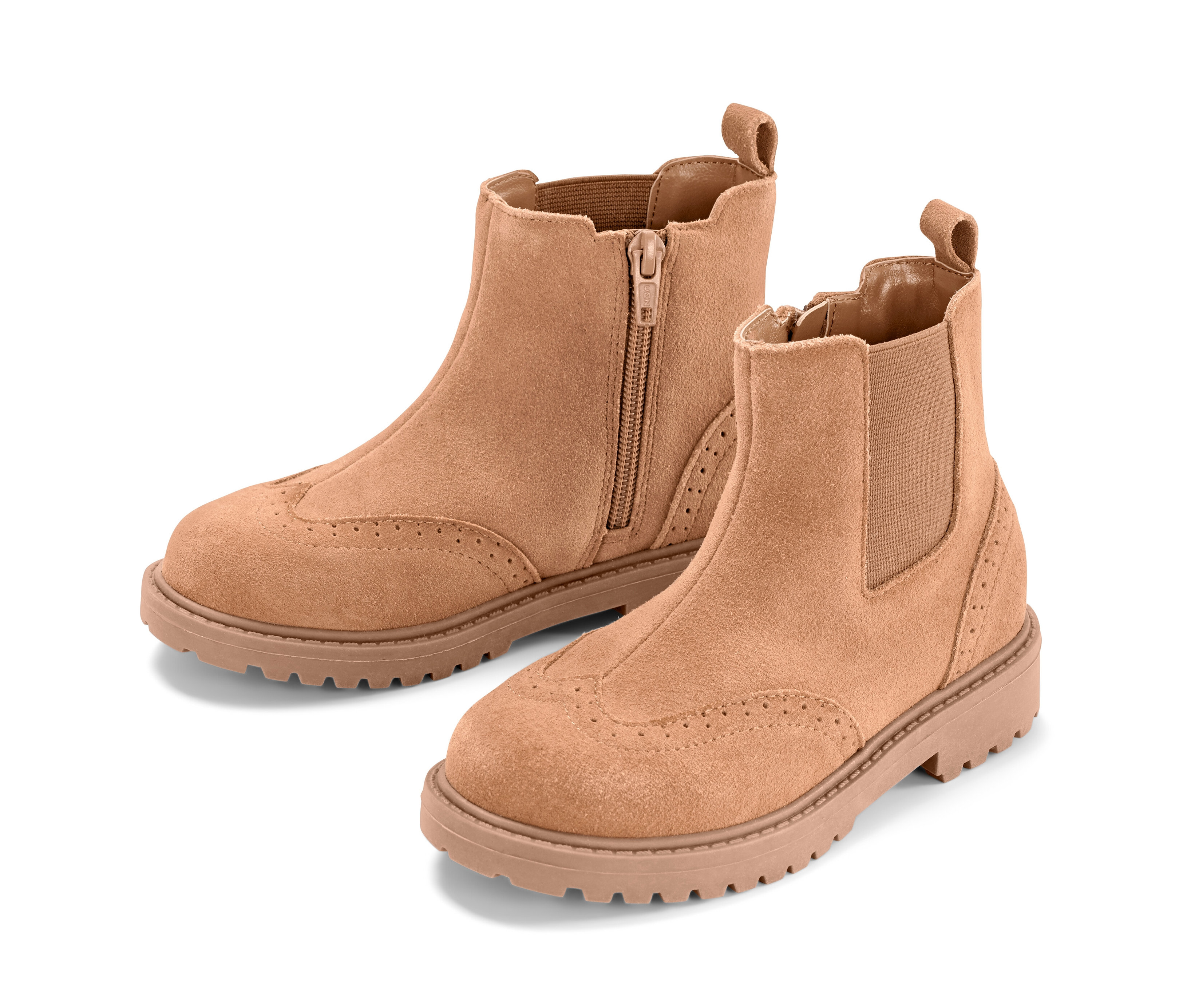 Zwei hellbraune Lederstiefel.