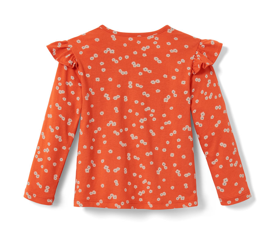 Orangefarbenes Baby-Langarmshirt mit weißen Blumen.