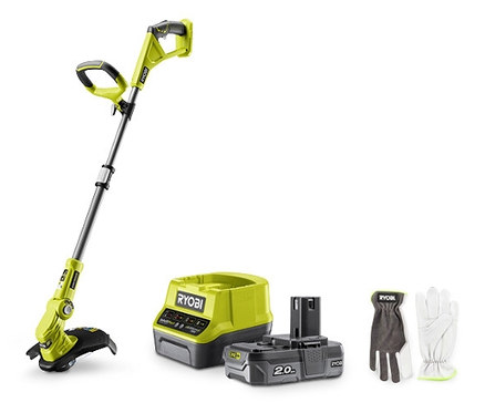Auf weissem Hintergrund ist ein RYOBI 18 V One+ Akku-Rasentrimmer-Set »OLT1832« mit 1x 2,0Ah-Akku und Ladegerät.
