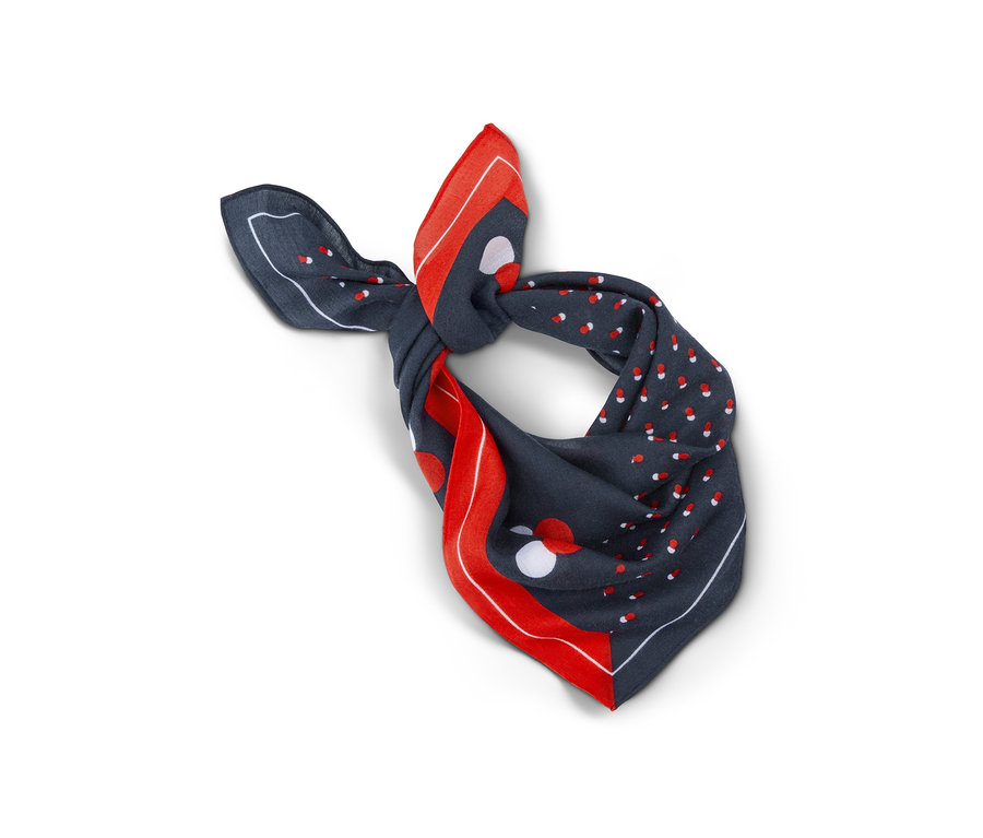 Ein blau-rotes Bandana mit Tupfen.