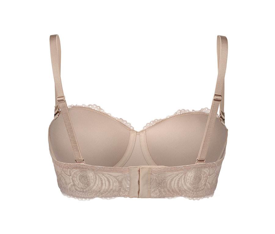 Detailansicht von hinten eines hautfarbenen Multistyle-BHs mit Spitzendetails.