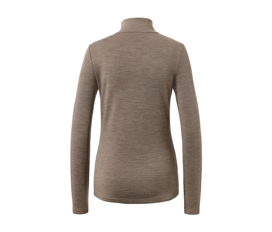 Rückansicht eines braunen langärmligen Rollkragen-Shirts mit RWS-zertifizierter Wolle.
