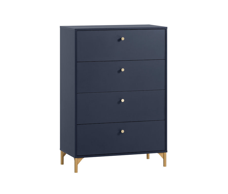 Eine marineblaue Kommode »Alfa« mit vier Schubladen und goldenen Knöpfen auf einem weißen Hintergrund.
