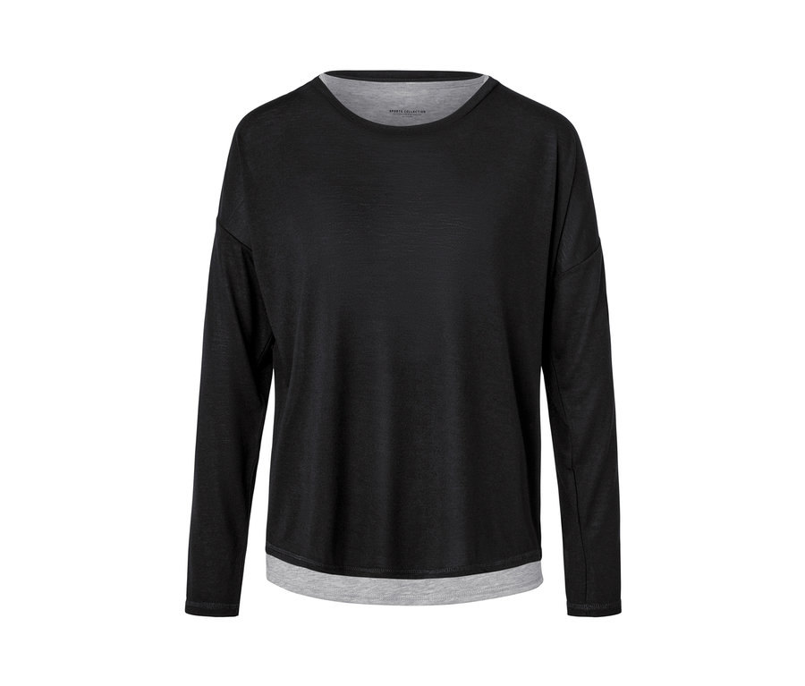 Schwarzes 2-in-1-Sportshirt mit langen Ärmeln und grauem Einsatz.