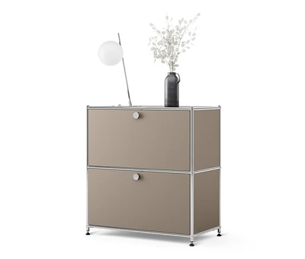 Ein niedriges Sideboard Metall »CN3« mit 2 Klappenfächern. Auf der Oberseite stehen eine Vase mit Pflanzen und eine Lampe.