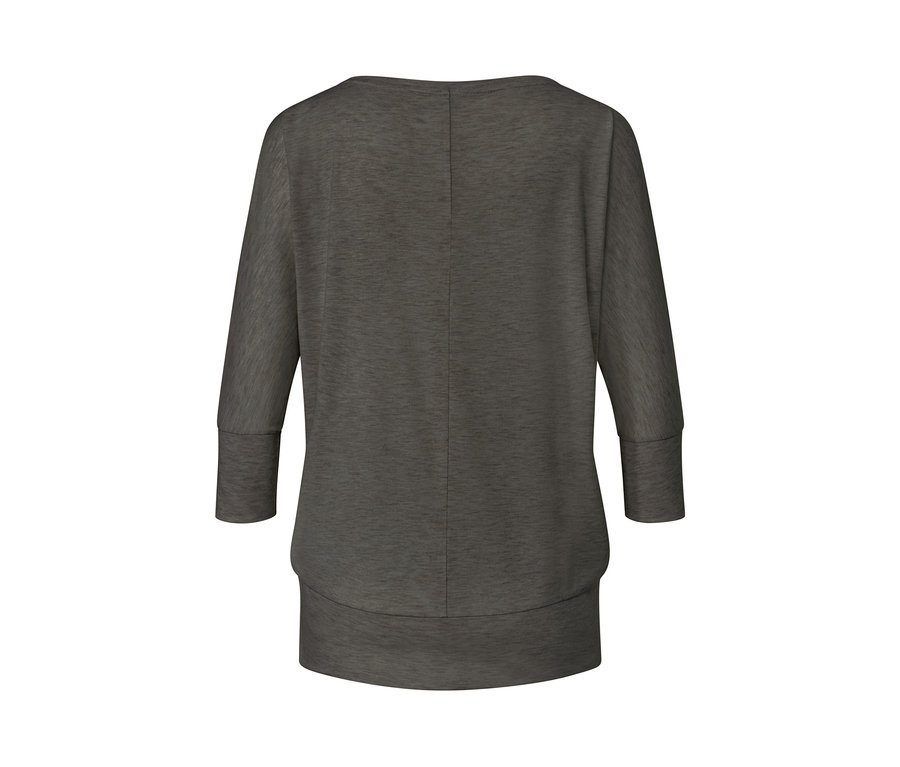 Olivfarbenes Yogashirt mit Dreiviertelärmeln von hinten.