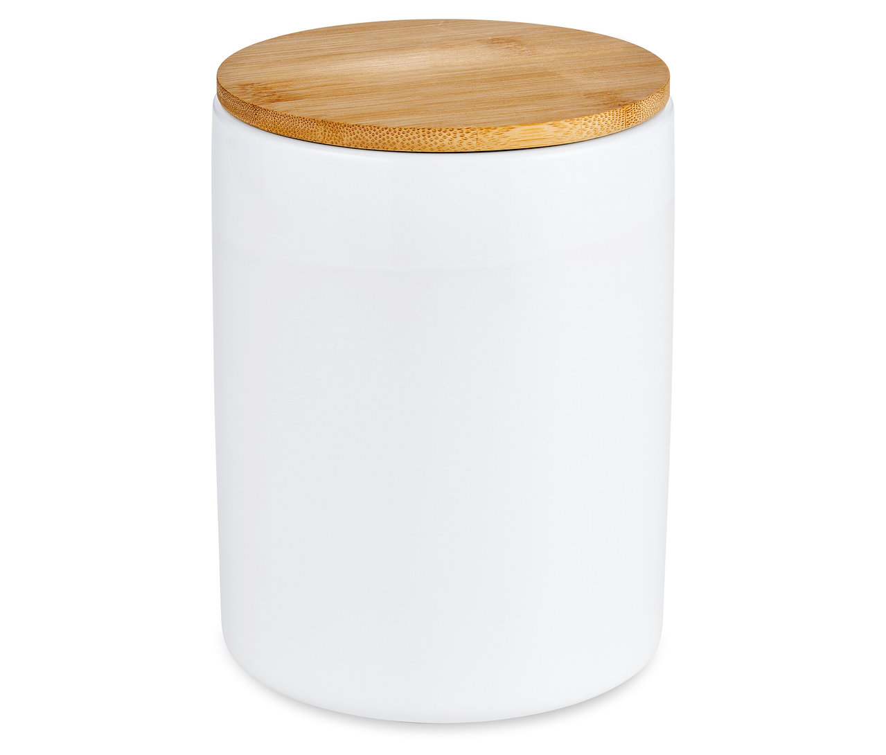 Weiße Kaffeedose aus Keramik mit Holzdeckel.