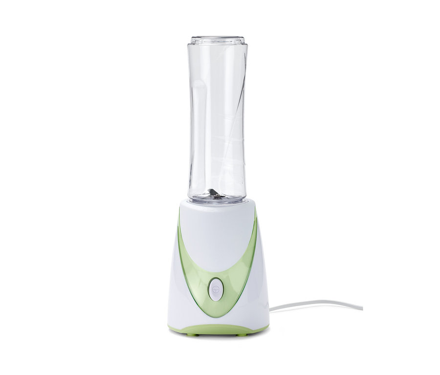 Ein Smoothie-Maker, 250 W, mit einem transparenten Behälter.