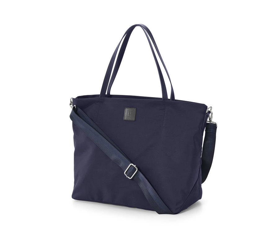 Eine dunkelblaue Einkaufstasche (Shopper) mit Henkeln und einem Schultergurt.