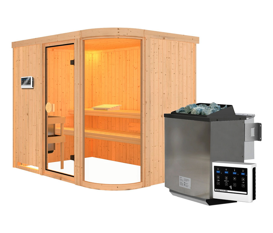 Innenansicht der Karibu Sauna »Rose« mit Bio-Ofen, Bänken und Glastür.