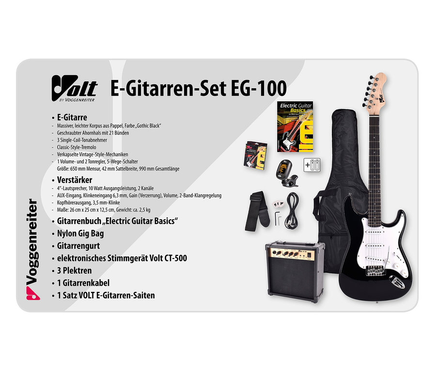 Schwarze E-Gitarre Voggenreiter VOLT E-Gitarren-Set EG-100 mit Zubehör, inklusive Tasche, Verstärker und Buch.
