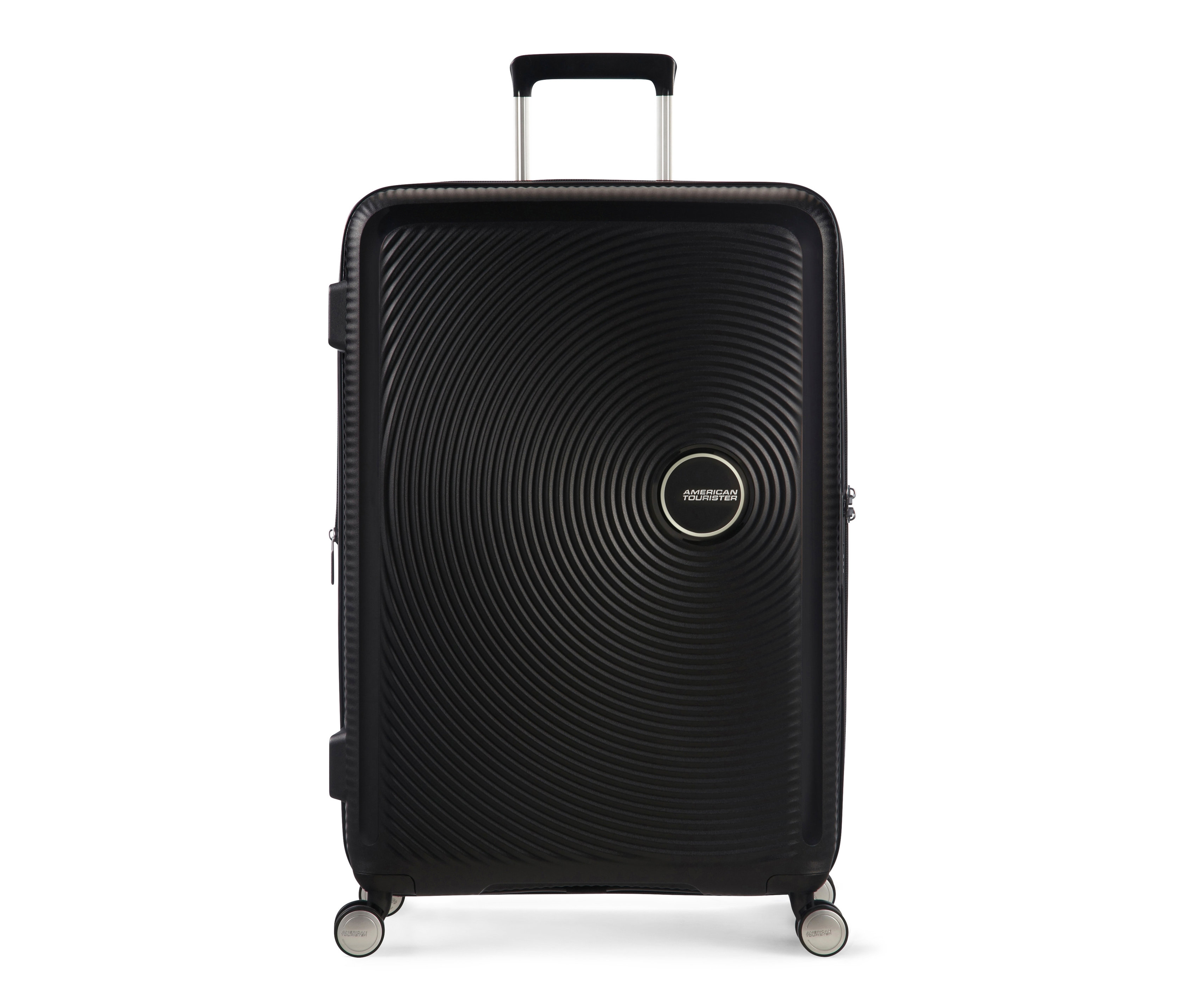 Ein mittelgroßer, schwarzer American Tourister Hartschalenkoffer »Soundbox« Spinner.