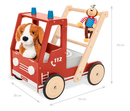 Roter Pinolino Lauflernwagen »Feuerwehrauto Fred« aus Holz mit Plüschhund und Affe.
