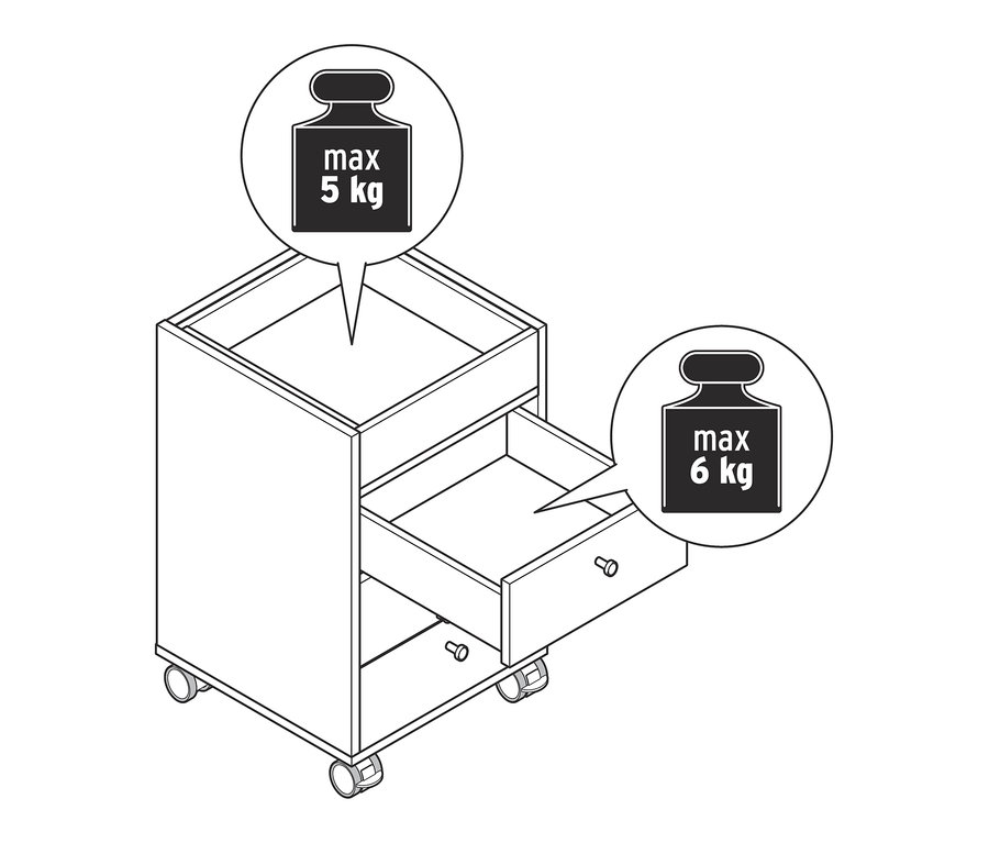Zeichnung eines Rollcontainers mit Schubladen, wobei eine Schublade geöffnet ist.