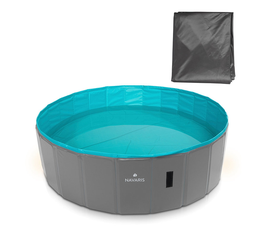 Grauer, faltbarer Navaris Hundepool mit türkisfarbenem Innenraum, teilweise mit Wasser gefüllt, und eine graue Abdeckung im Hintergrund.