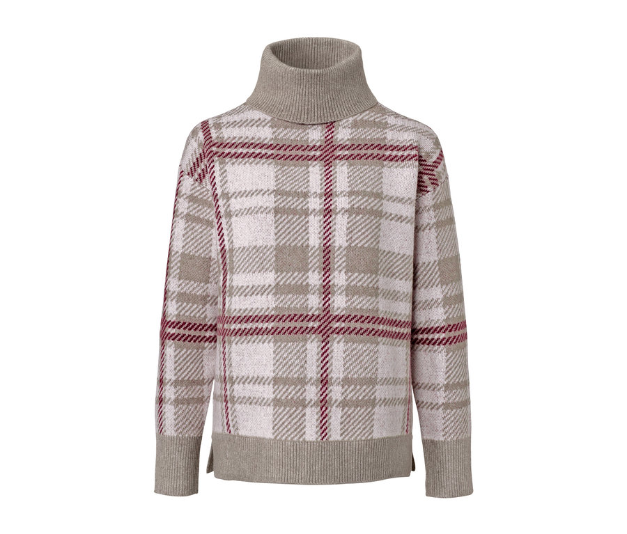 Beiger Strickpullover mit Karomuster und Rollkragen.