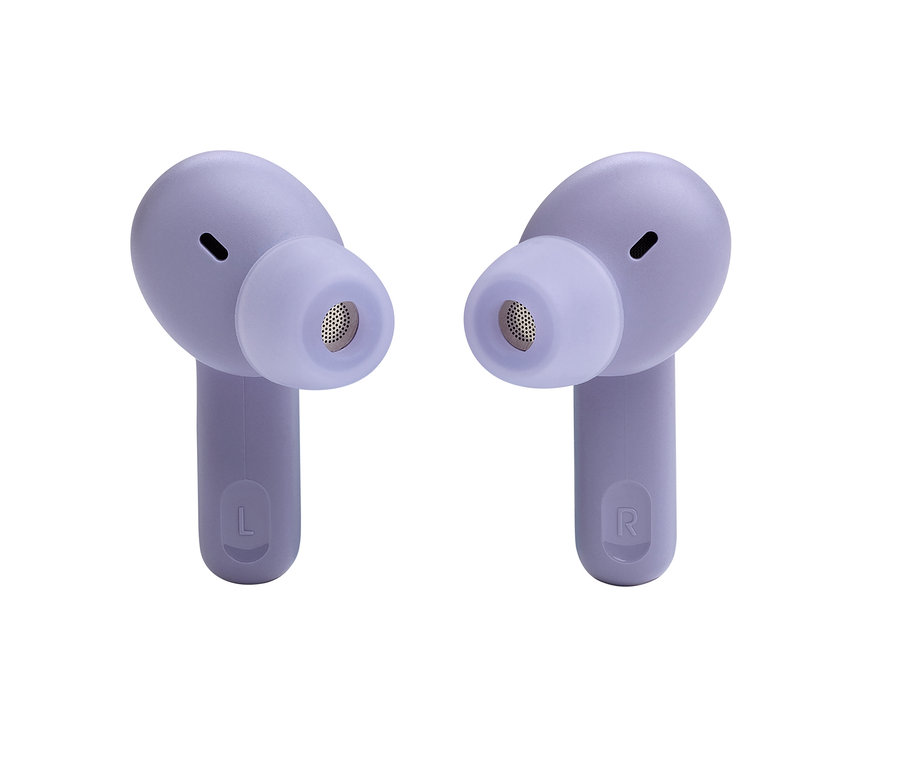 Zwei lila JBL Tune Beam Kopfhörer.