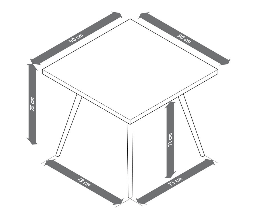 Abmessungen des Dining-Tisches mit Beton-Tischplatte: 90 x 90 cm Platte, 75 cm hoch, Beine 73 cm Abstand.