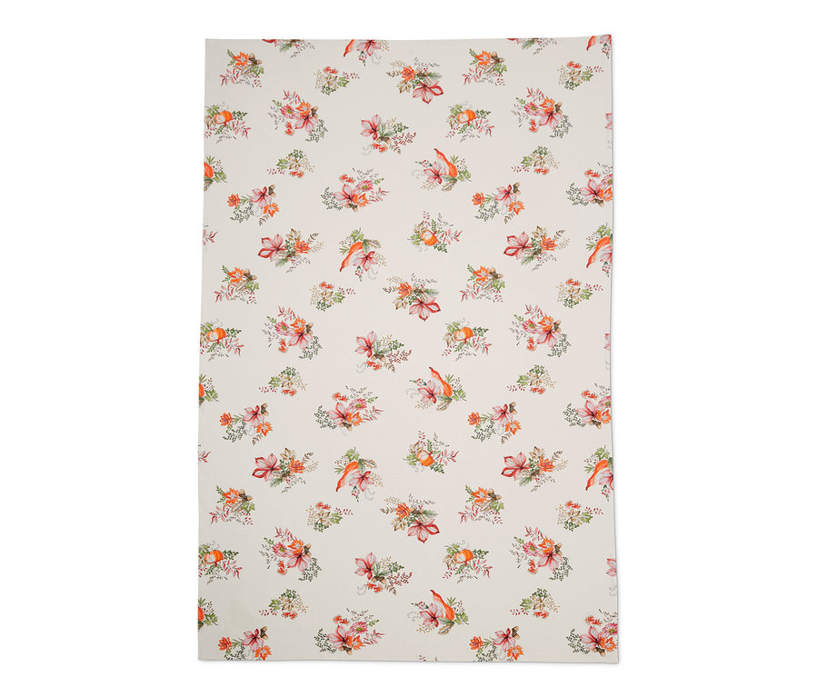 Weiße Tischdecke, ca. 150 x 255 cm, mit Blumen-, Kürbis- und Vogelmuster.