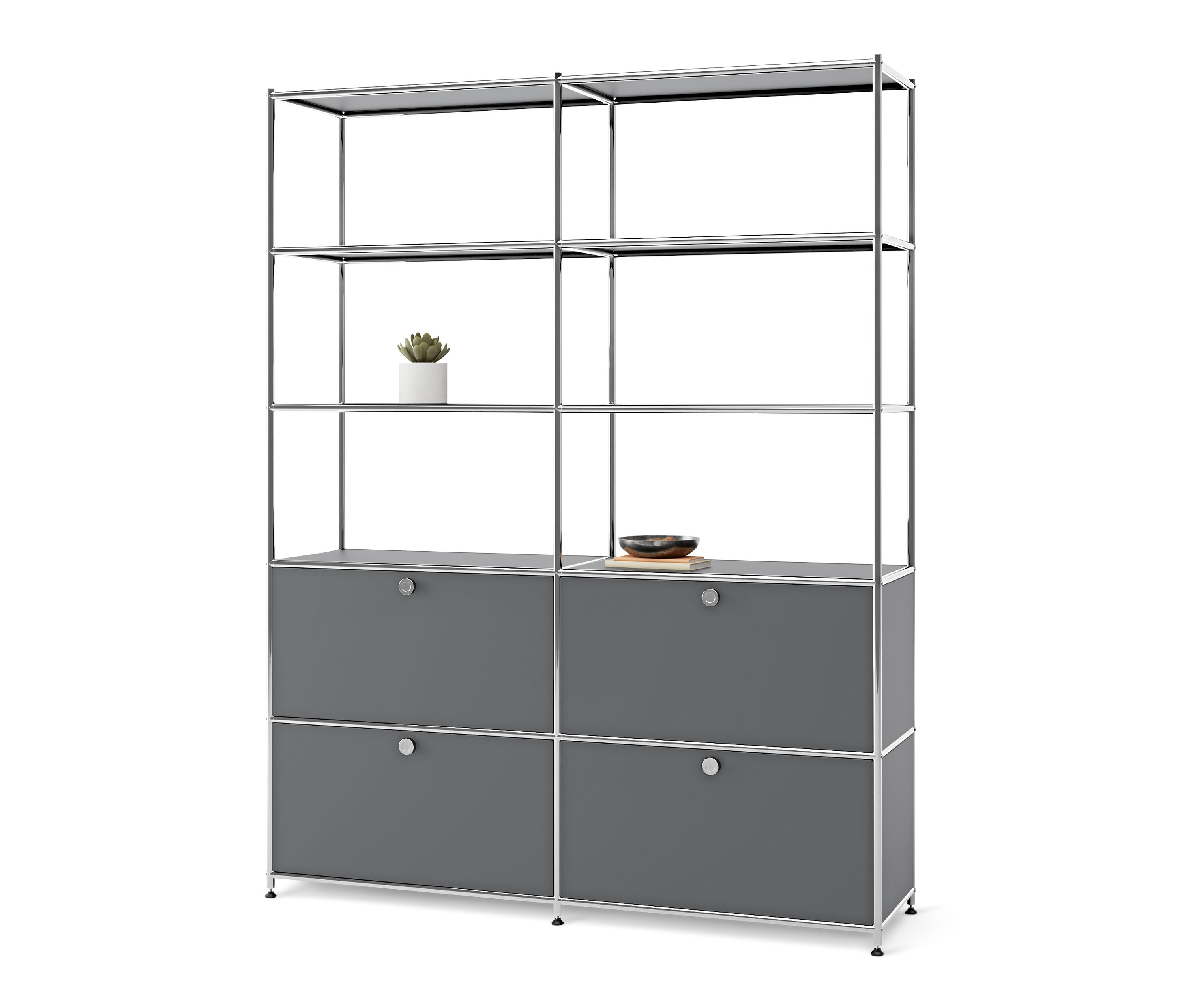 Hohes graues Regal Metall »CN3« mit 4 Klappenfächern, darauf eine Pflanze und eine Schale.