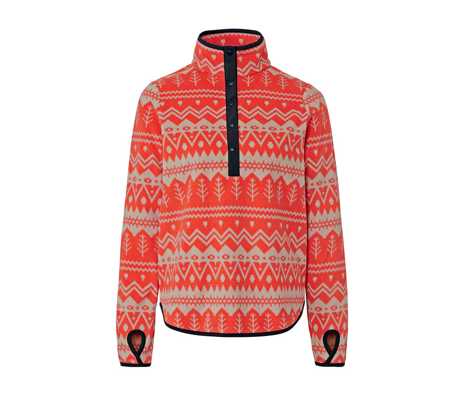 Orangefarbener Fleecepullover mit Norwegermuster.