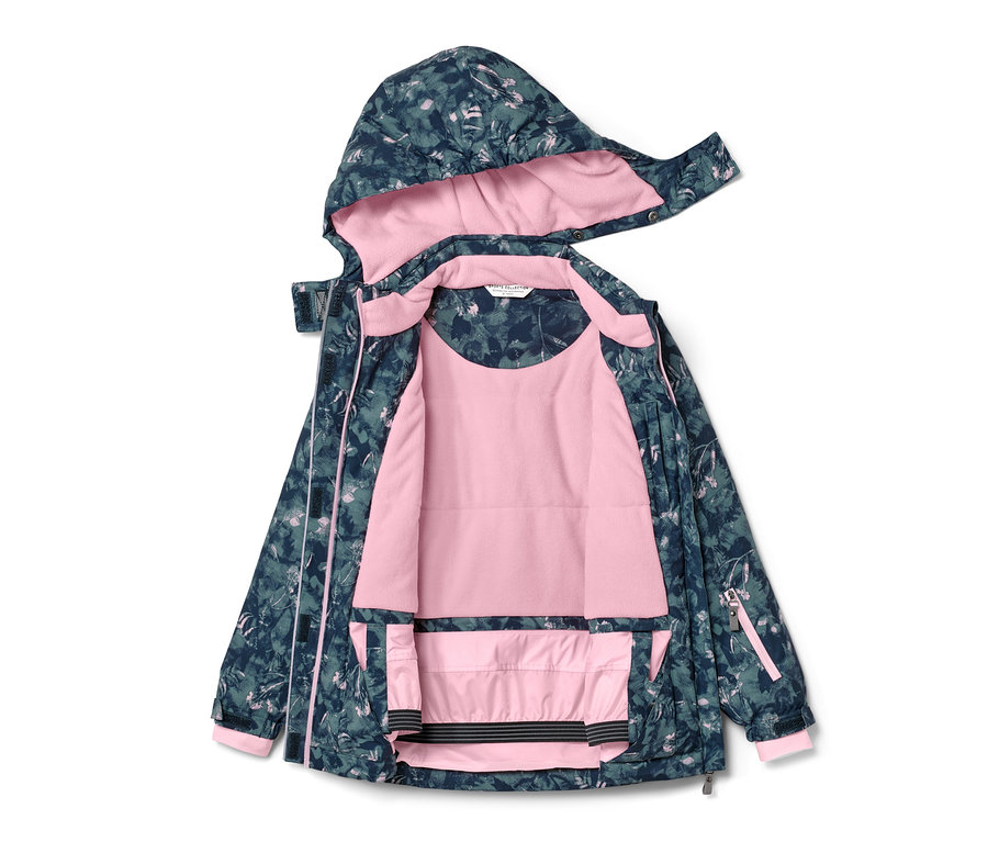 Ausgebreitete Kinder-Skijacke mit Kapuze, Blattmuster und rosa Futter.