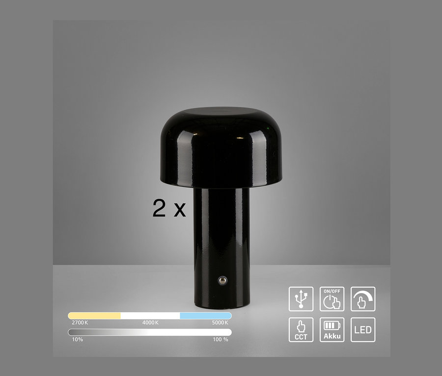 Zwei schwarze JUST LIGHT LED-Akku-Tischleuchten »Agnes« im 2er-Set vor grauem Hintergrund.