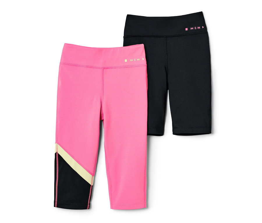 Zwei Kinder-Sporttights, eine rosafarbene in 3/4-Länge und eine schwarze Radlerhose.