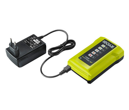 Ryobi 36 V MAX POWER Akku-Ladegerät »RY36C17A« mit schwarzem Netzteil und gelb-grünem Ladegerät-Dock.