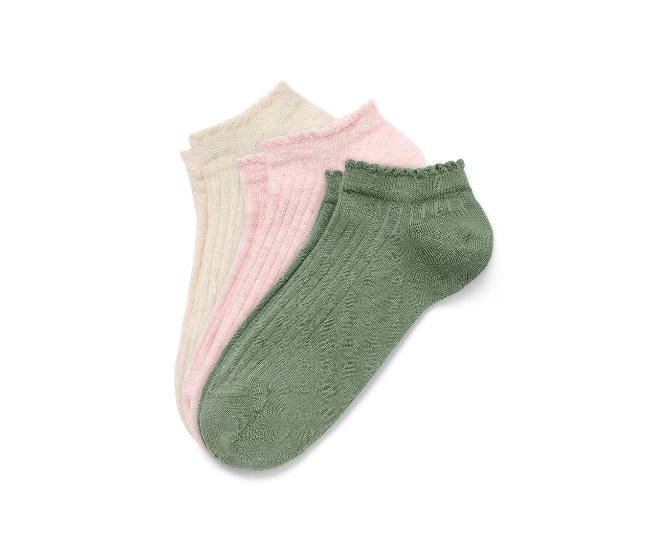 Drei Paar Ripp-Sneakersocken in Creme, Rosa und Grün.