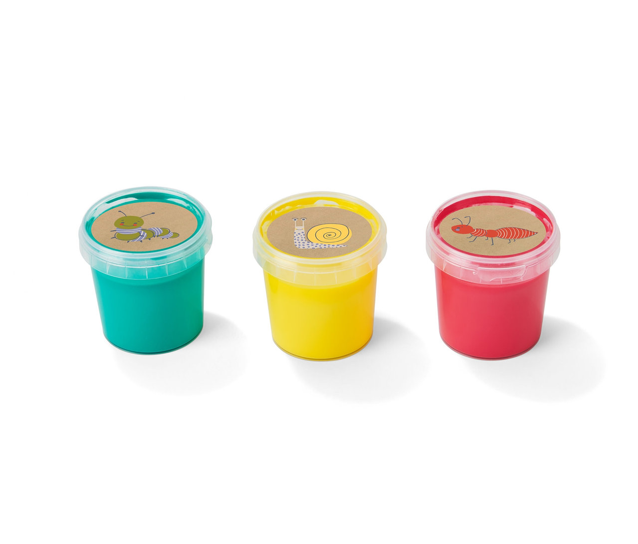 Drei Behälter Fenster- und Fingermalfarbe in Grün, Gelb und Rot.