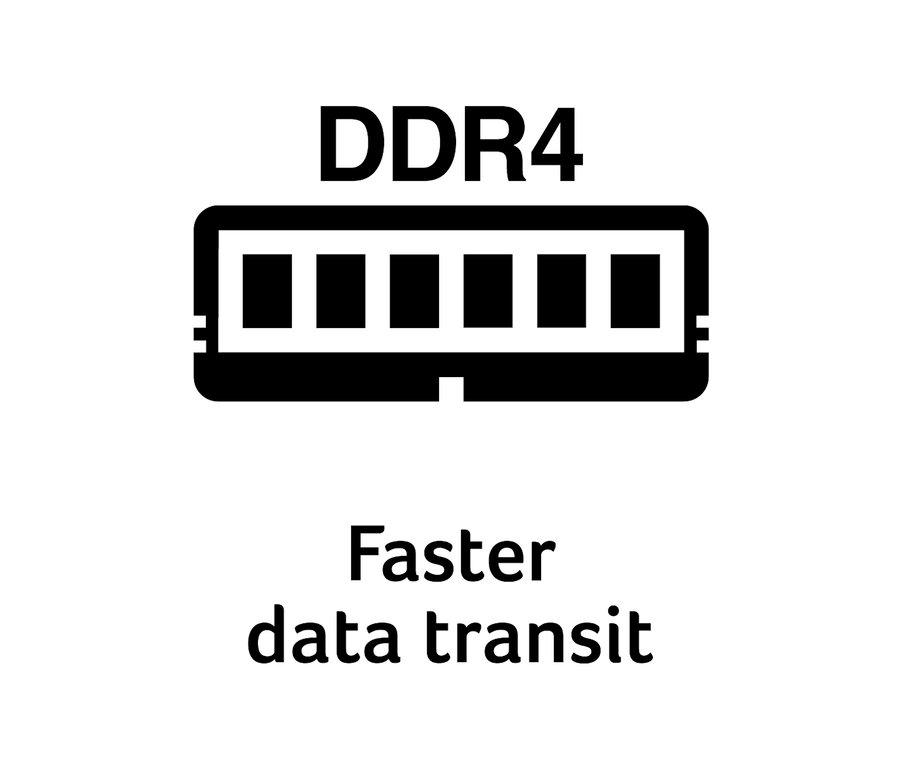 Schwarz-weißes DDR4-Logo mit dem Schriftzug „Faster data transit“ darunter.