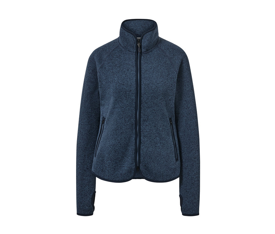 Marineblaue Strickfleece-Jacke mit Reißverschluss in der Mitte.