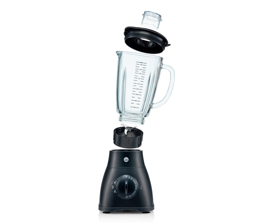 Ein zerlegter WILFA Mixer »BL1B-P1200« mit abnehmbarem Glasbehälter, Deckel und Basis.