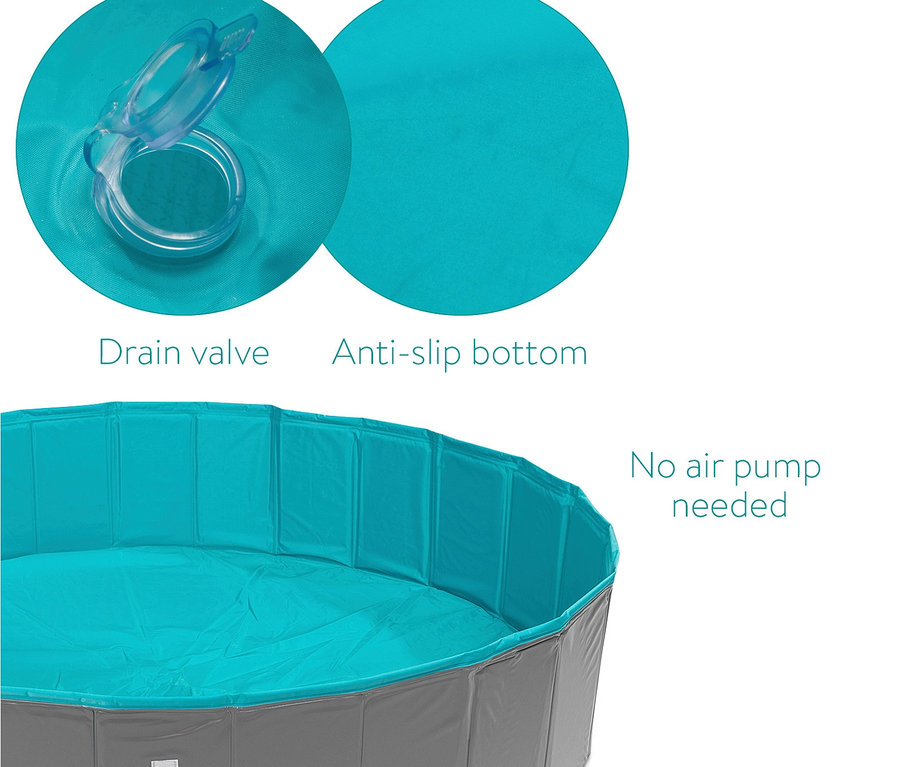 Detailansicht eines faltbaren Hundepools (Navaris Hundepool, faltbar) mit Ablassventil und rutschfestem Boden.