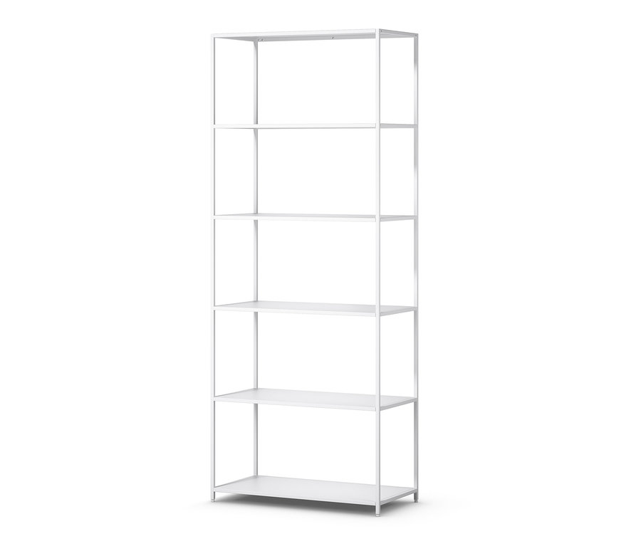 Weißes Metallregal mit fünf Regalböden.