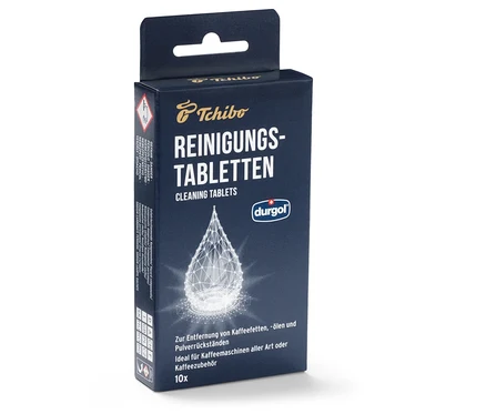 Verpackung der durgol® Reinigungstabletten für Kaffeeöle von Tchibo.