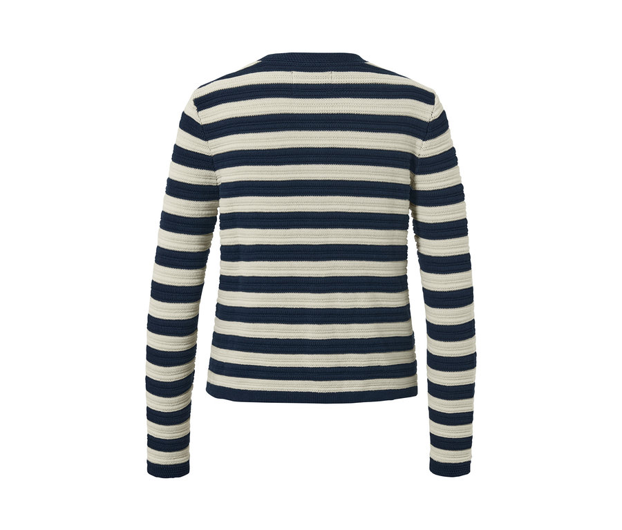 Gestreifter Cardigan aus Strukturstrick in Blau und Creme.