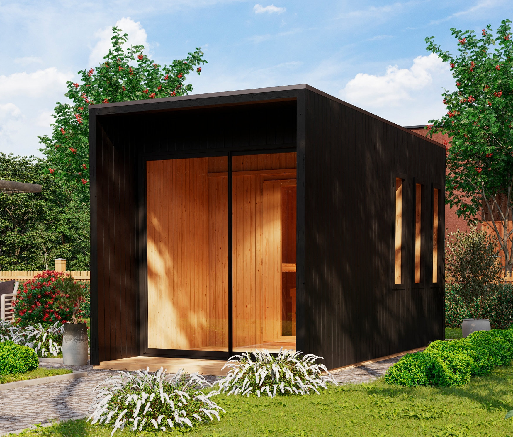 Außenansicht des Karibu Saunahauses »Gwen« mit geöffneter Tür und Sitzbereich im Freien.