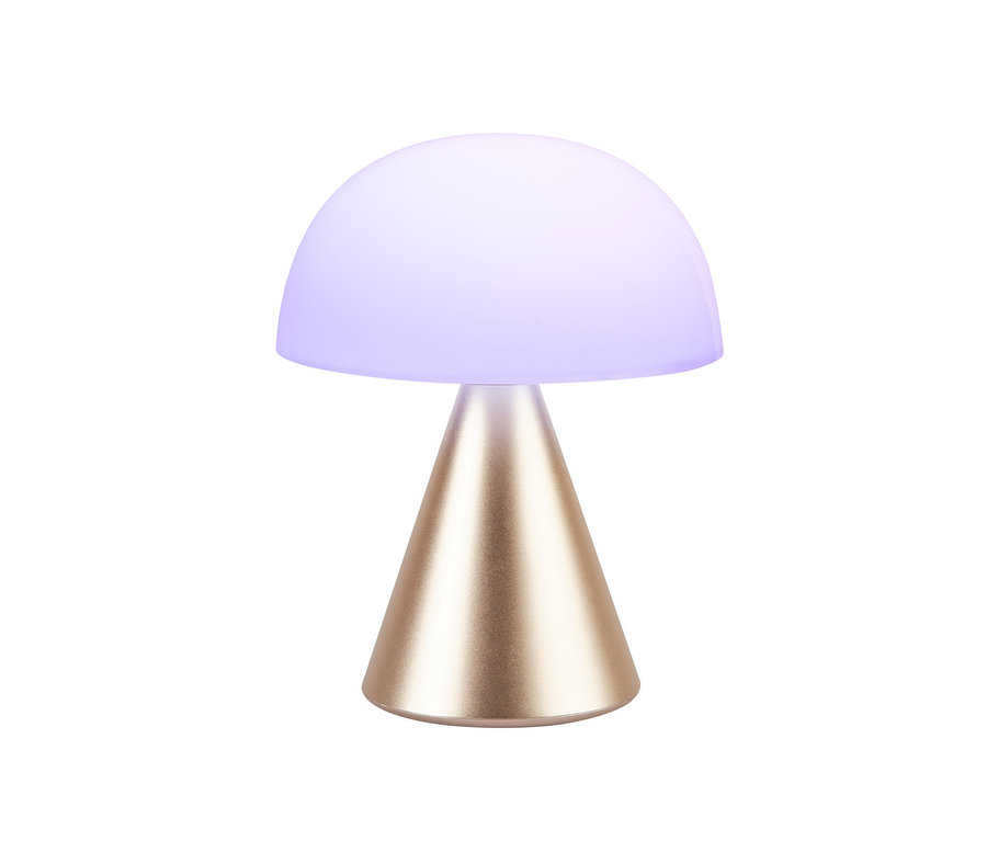 Eine pilzförmige Tischleuchte mit einem weißen Schirm und einem goldenen Sockel. Es handelt sich um eine LEXON LED-Akku-Tischleuchte »Mina L«, goldfarben.