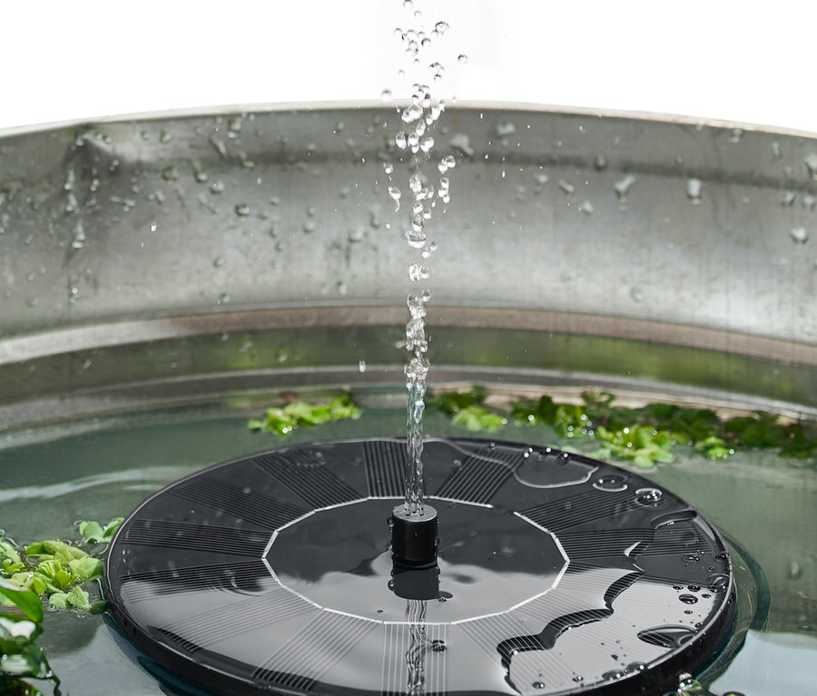 Ein schwarzer, schwimmender Solar-Springbrunnen spritzt Wasser in einem Metalleimer mit Schwimmpflanzen.