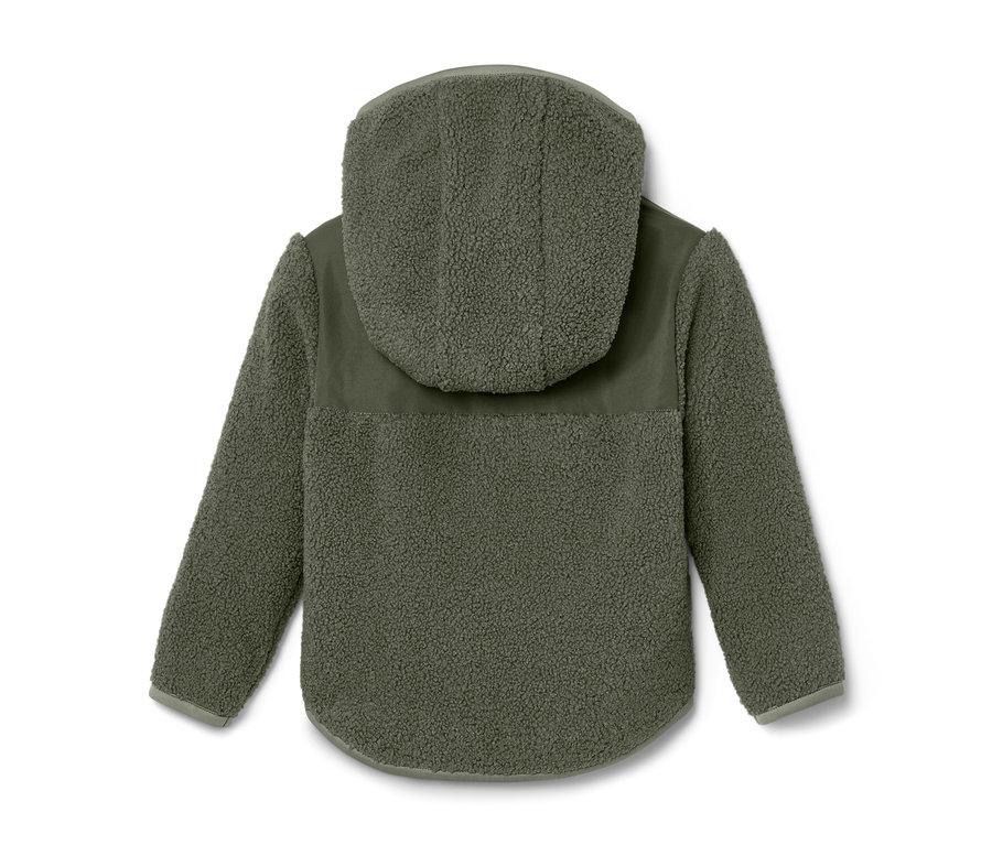 Rückansicht einer olivgrünen Kinder-Teddy-Jacke mit Kapuze.