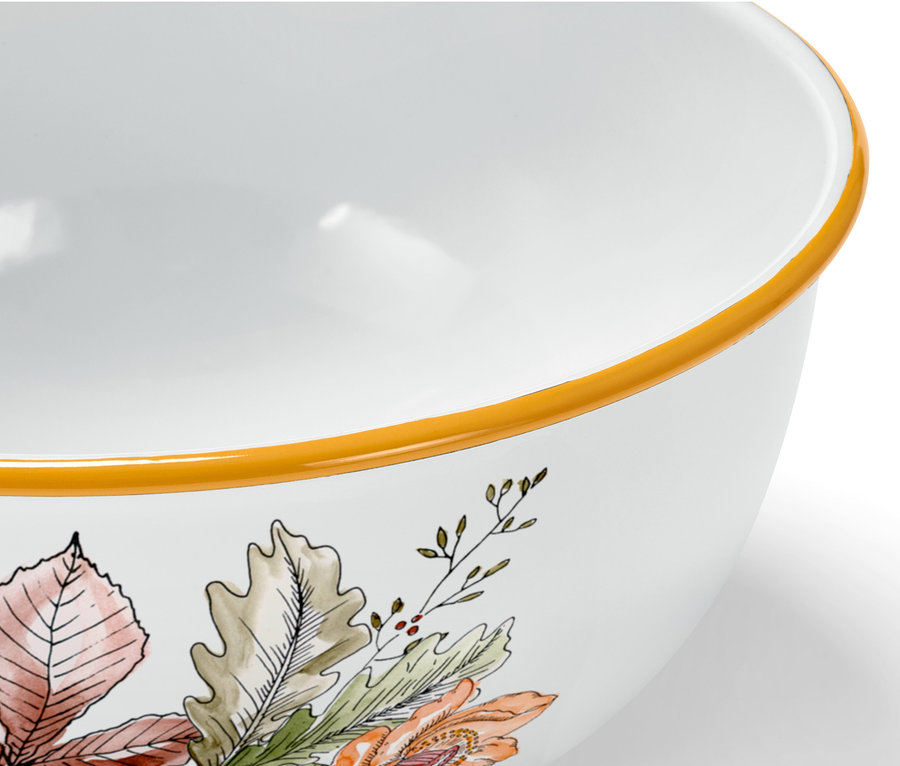 Detailaufnahme einer Emaille-Schüssel mit Blumendesign und gelbem Rand.