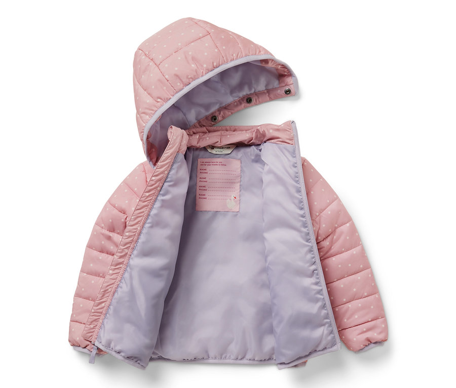 Geöffnete Kinder-Steppjacke in Altrosa mit weißen Punkten und lila Futter.