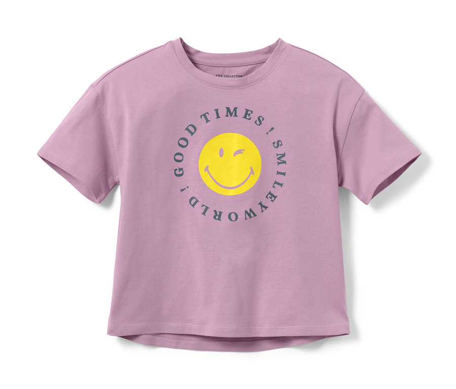 Lila Kinder-T-Shirt mit gelbem Smiley-Aufdruck und dem Aufdruck 2 Kinder-T-Shirts »Smiley«.