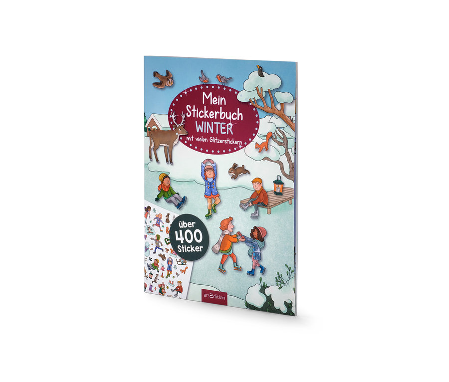 Illustration des Umschlags des Stickerbuchs Mein Stickerbuch »Winter« mit gezeichneten Winterszenen.