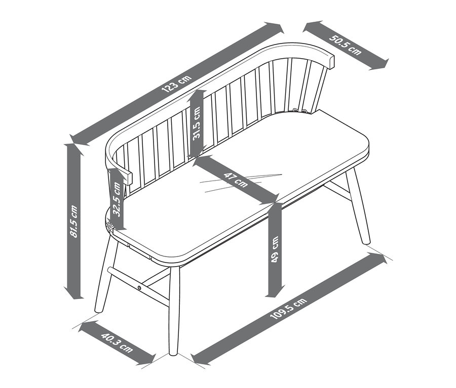 Illustration einer Bank mit Sitzpolster und den dazugehörigen Abmessungen.